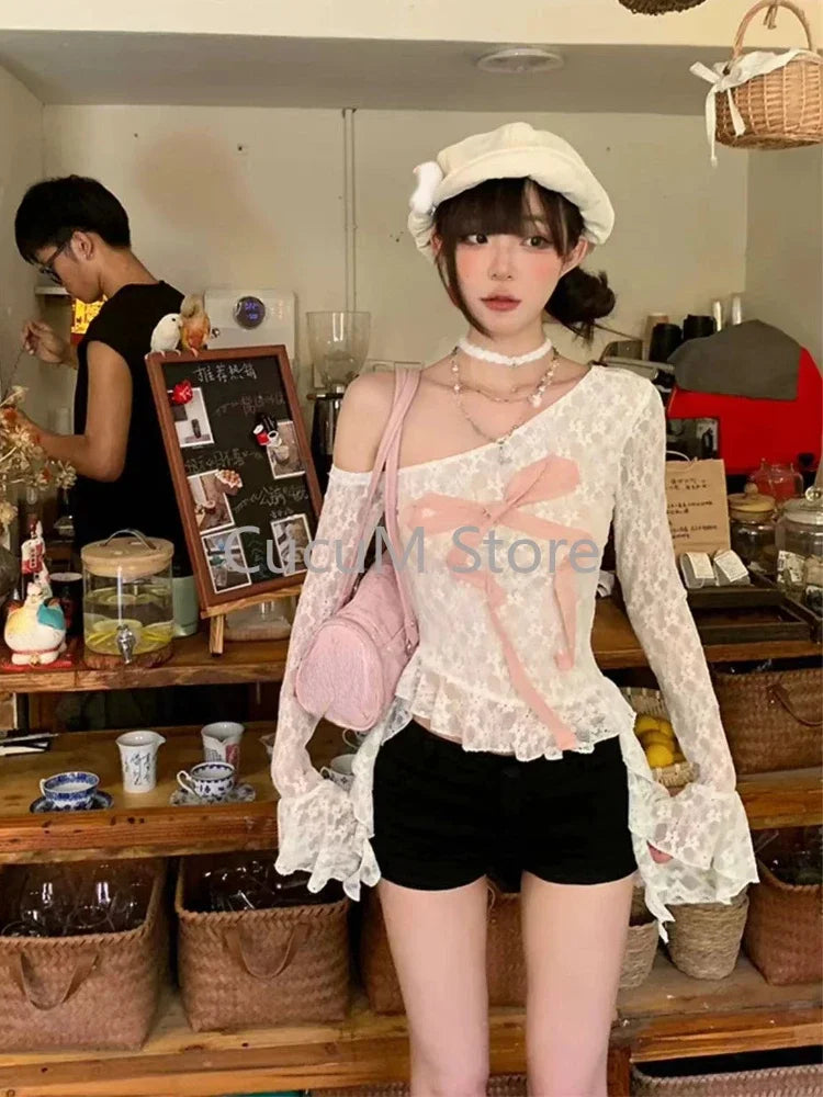 2024 New Korean Fashion Sweet T-shirts Sexy Long Sleeve Bowk Lace Tee Shirt Y2K Streetwear Female Clothing Irregular Tops Chic