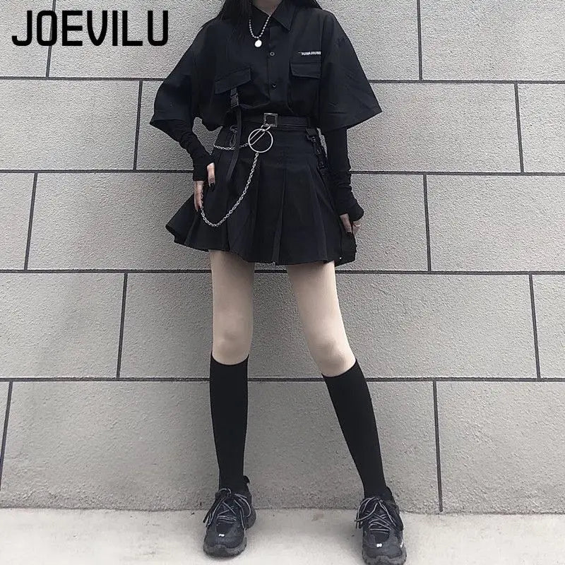 Gothic Skirt Set Loose Shirt Pleated Mini Skirts 2 Piece Sets Korean Retro Casual Outfits Women Spring Summer Aesthetic Y2k Suit