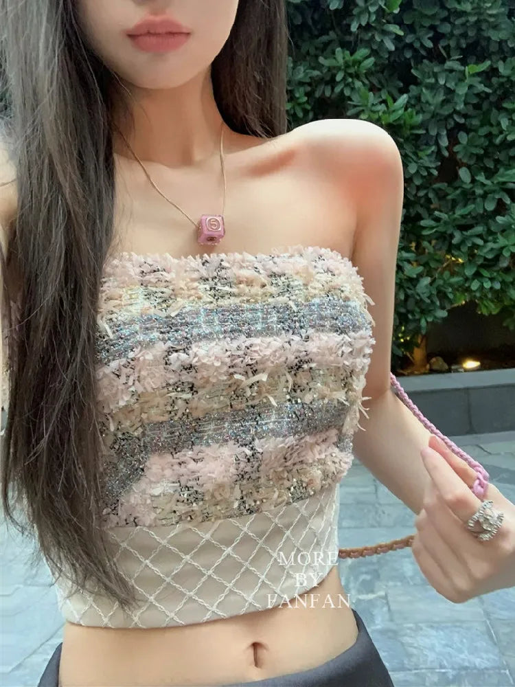 Sexy  Camis Plaid Chic  tube top Slim Korean Tanks Top Sleeveless Elegant  Crop Top Summer Women Bustier