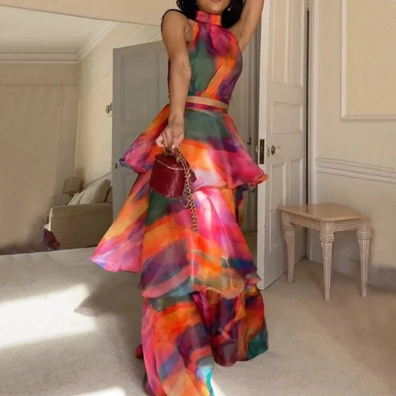 Fashion Print Front Separation Dress Women Stand-up Collar Sleeveless Dresses Multi-layered Patchwork Hem Frock Female Long Gown