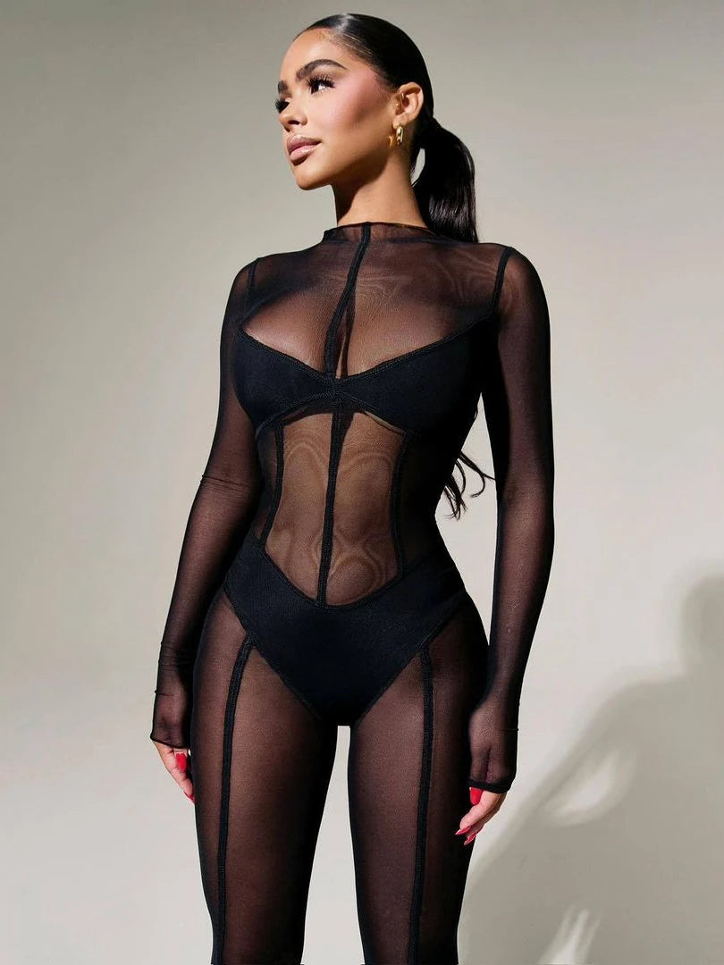 Dulzura Solid Mesh Long Sleeve O-Neck Jumpsuit See Through 2023 Summer For Women Sexy Y2K Birthday Evening Clubwear Sheath