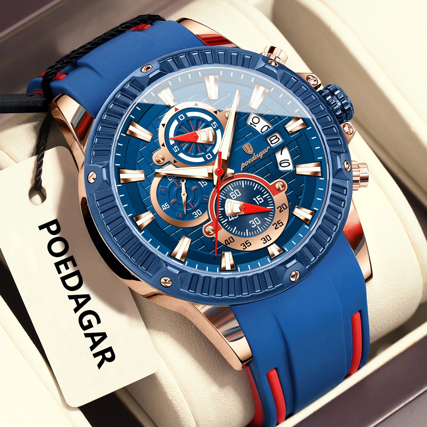 POEDAGAR Trendy Sports Men Wristwatch Waterproof Luminous Chronograph Date Man Watch Silicone Strap Fashion Quartz Men's Watches