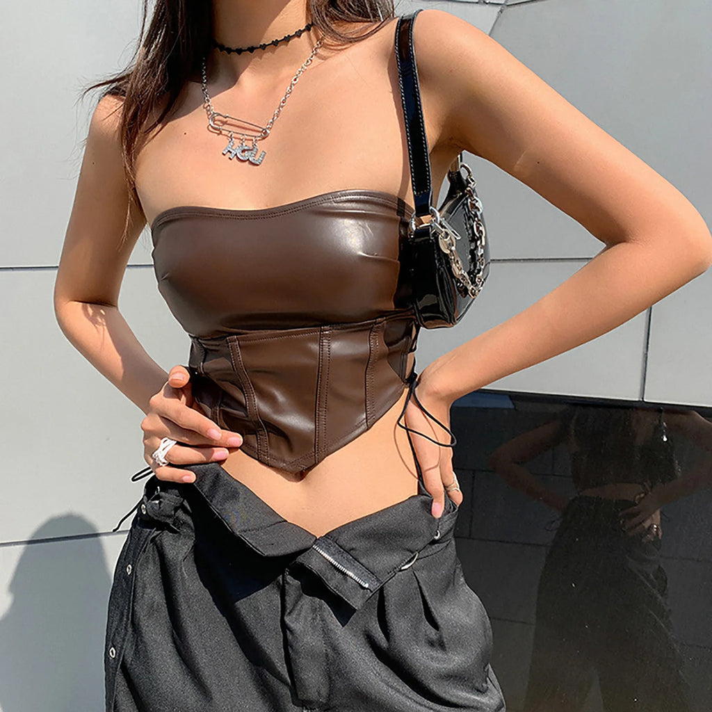 Women Strapless Tube Top Sexy Ladies Female Solid PU Leather Tanks Vest Sexy Backless Skinny Off Shoulder Sleeveless Crop Tops