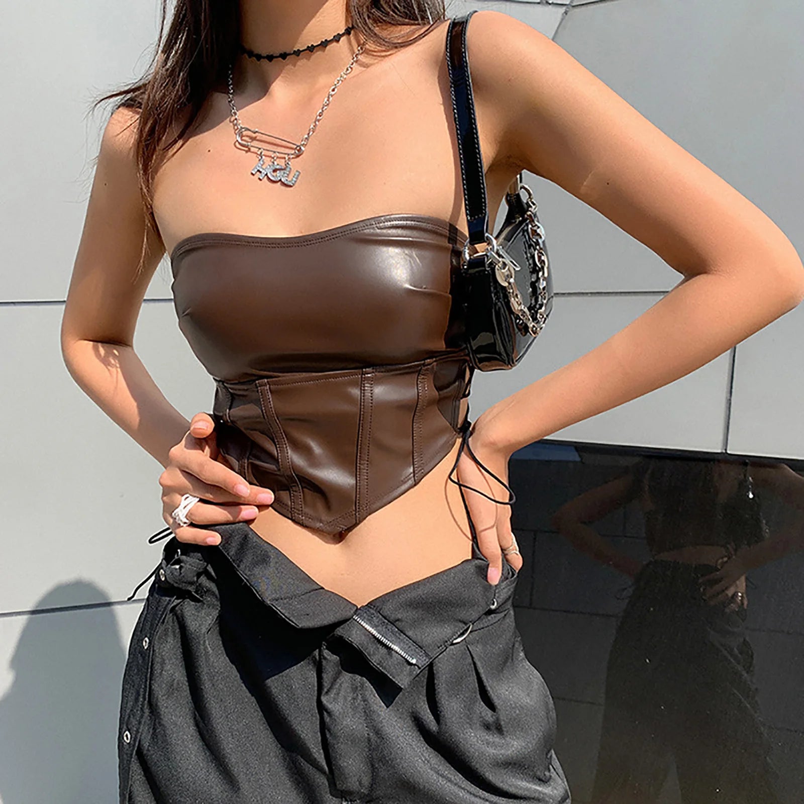 Women Strapless Tube Top Sexy Ladies Female Solid PU Leather Tanks Vest Sexy Backless Skinny Off Shoulder Sleeveless Crop Tops