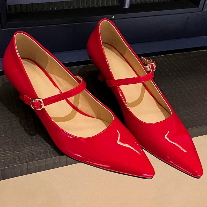 Short Heels Mary Janes Shoes Women Pumps Genuine Leather Point Toe Black Nude Red Heeled Office Wedding Shoes Female Large Size