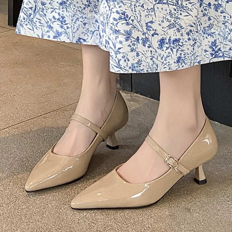 Short Heels Mary Janes Shoes Women Pumps Genuine Leather Point Toe Black Nude Red Heeled Office Wedding Shoes Female Large Size