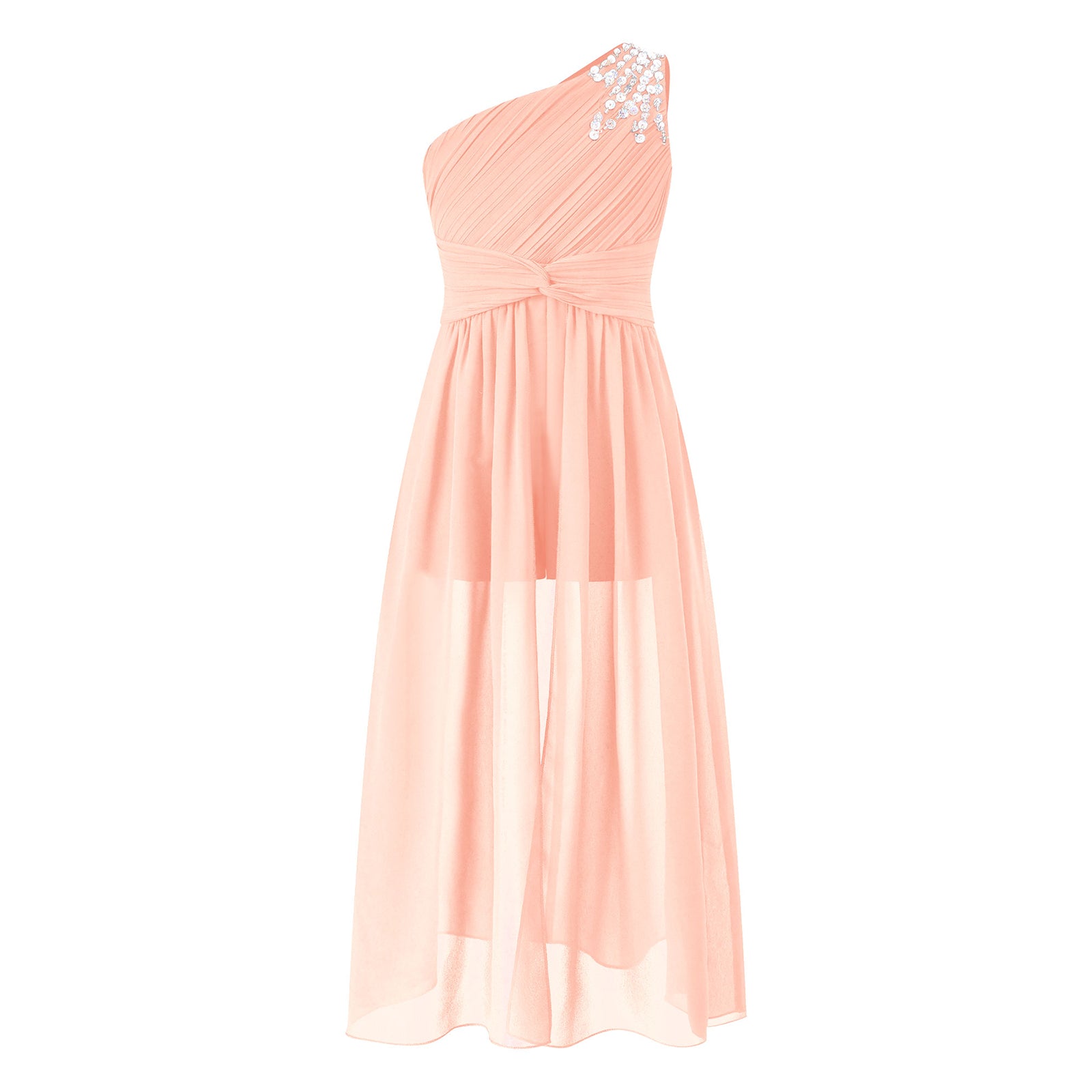 6-16Y Kids Girls Elegant Shiny Beaded Party Dress One Shoulder Ruched Jumpsuit Skirt Princess Wedding Birthday Evening Prom Gown