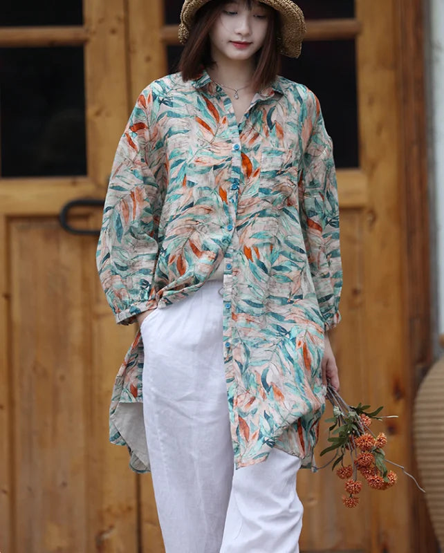 Oversized Autumn Cotton Linen Long Shirt Top Women Floral Print Irregular Modis Ladies Blouse Casual Loose Woman Shirt Top 2023