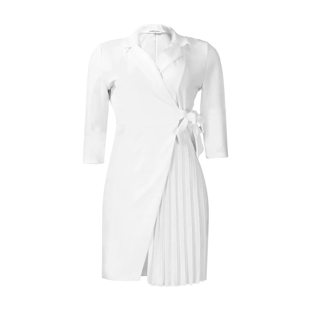 Women  Solid Plus Size Folds Dress Neck Pleated Blazer Style Dress Office Vintage Sexy Lady Belt Party Tight Curvy Short Dress