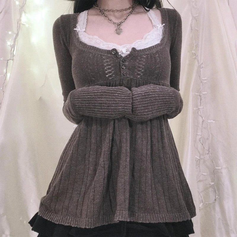 Aesthetic Coquette Knit Sweaters Outfit Vintage Babydoll Tops Pullovers Lady Autumn Square Neck Long Sleeve Knitwear Jumpers Y2k