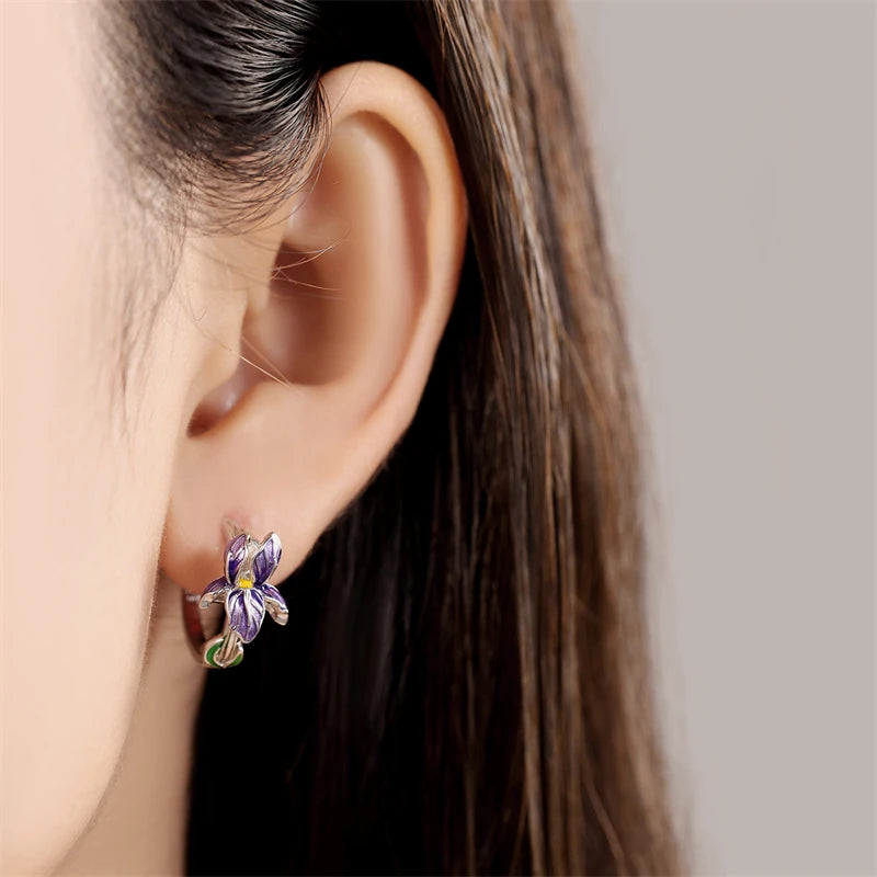 925 Sterling Silver Floral plant series greenery iris vine Hoop Earrings For Women Wedding Engagement Birthday Jewelry Gift 2024