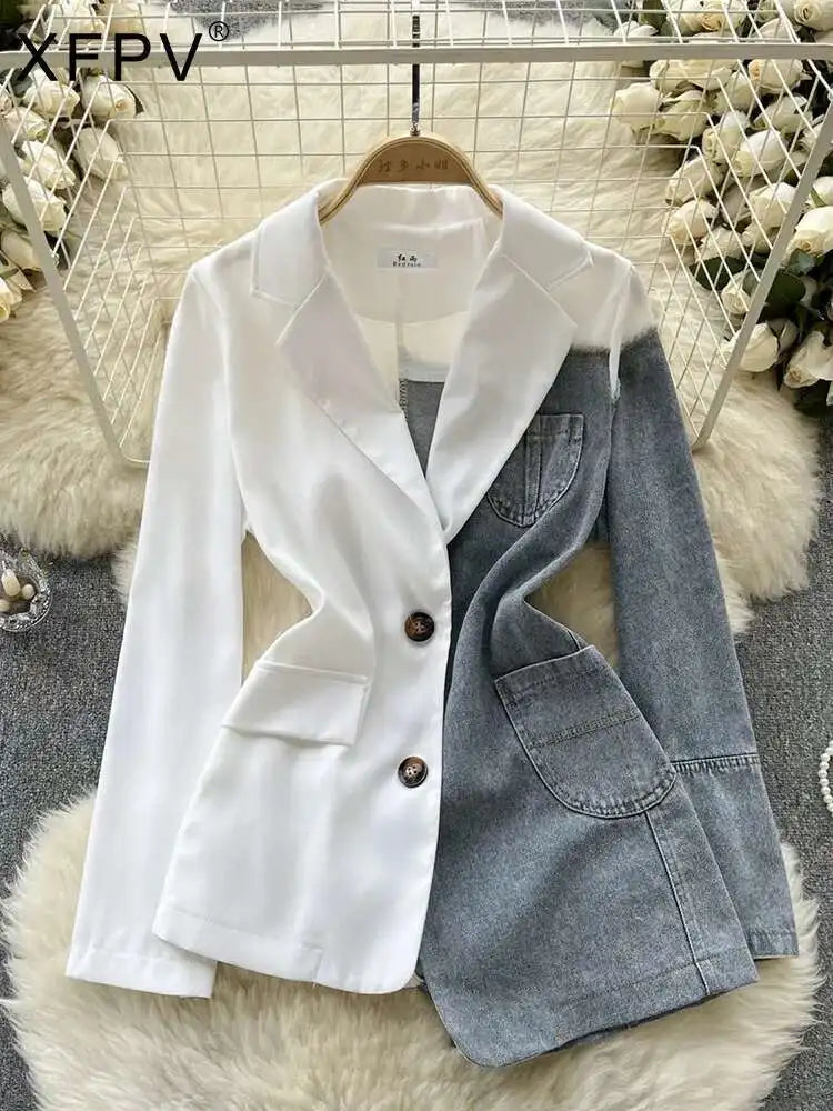 XFPV Women Jacket Lapel Long Sleeve Irregular Patchwork Denim Single Breasted Plaid Blazer Coat Autumn Winter 2025 SM9518
