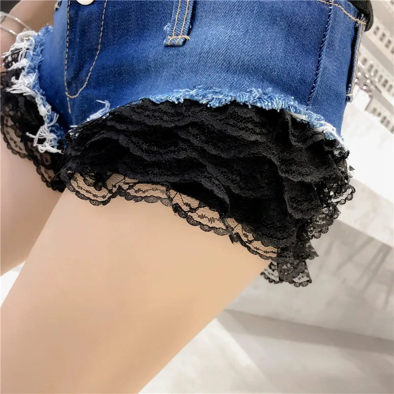 Y2k Shorts Women Nightclub Denim Shorts Lace Low Waist Sexy Hot Pants Female Super Shorts Pink