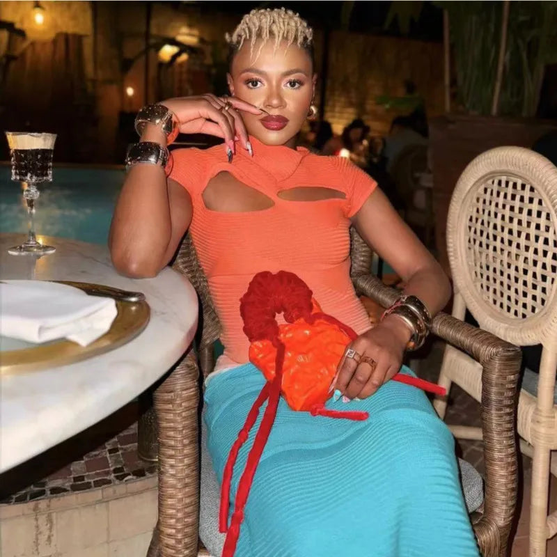 Sexy Knitted Gradient Orange Blue Hollow Out Maxi Dress Women Fashion Short Sleeve Skinny Stretch Tassel Y2K Birthday Long Dress