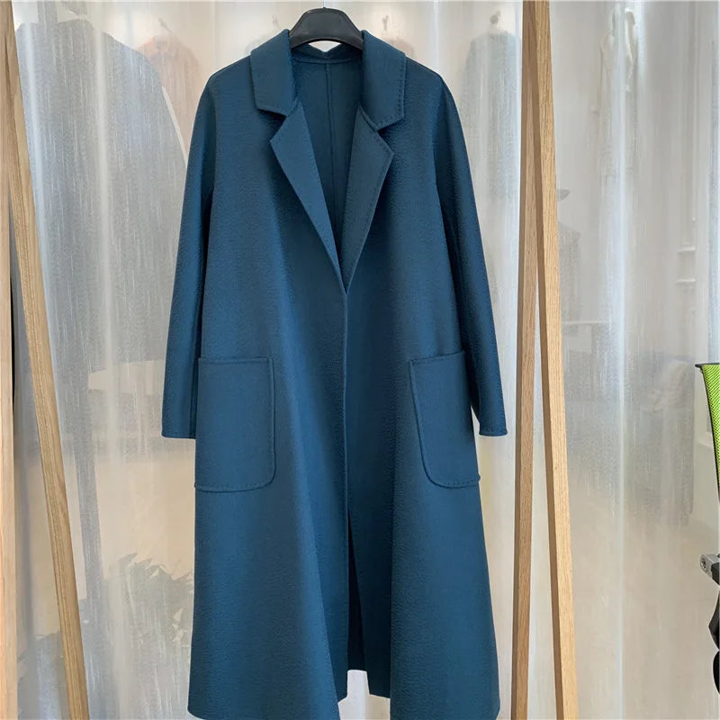 Korean Women Handmade Hepburn Corrugated Water Ripples Coat Double-sided Cashmere Wool Long Woolen Jacket Cashmere Coat Max