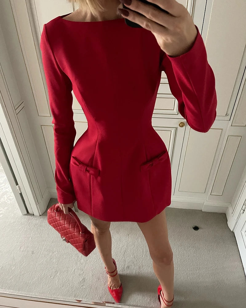 Mozision Double Bow Long Sleeve Sexy Mini Dress For Women Autumn Winter New Solid High Waist Bodycon Club Party Dress Elegant