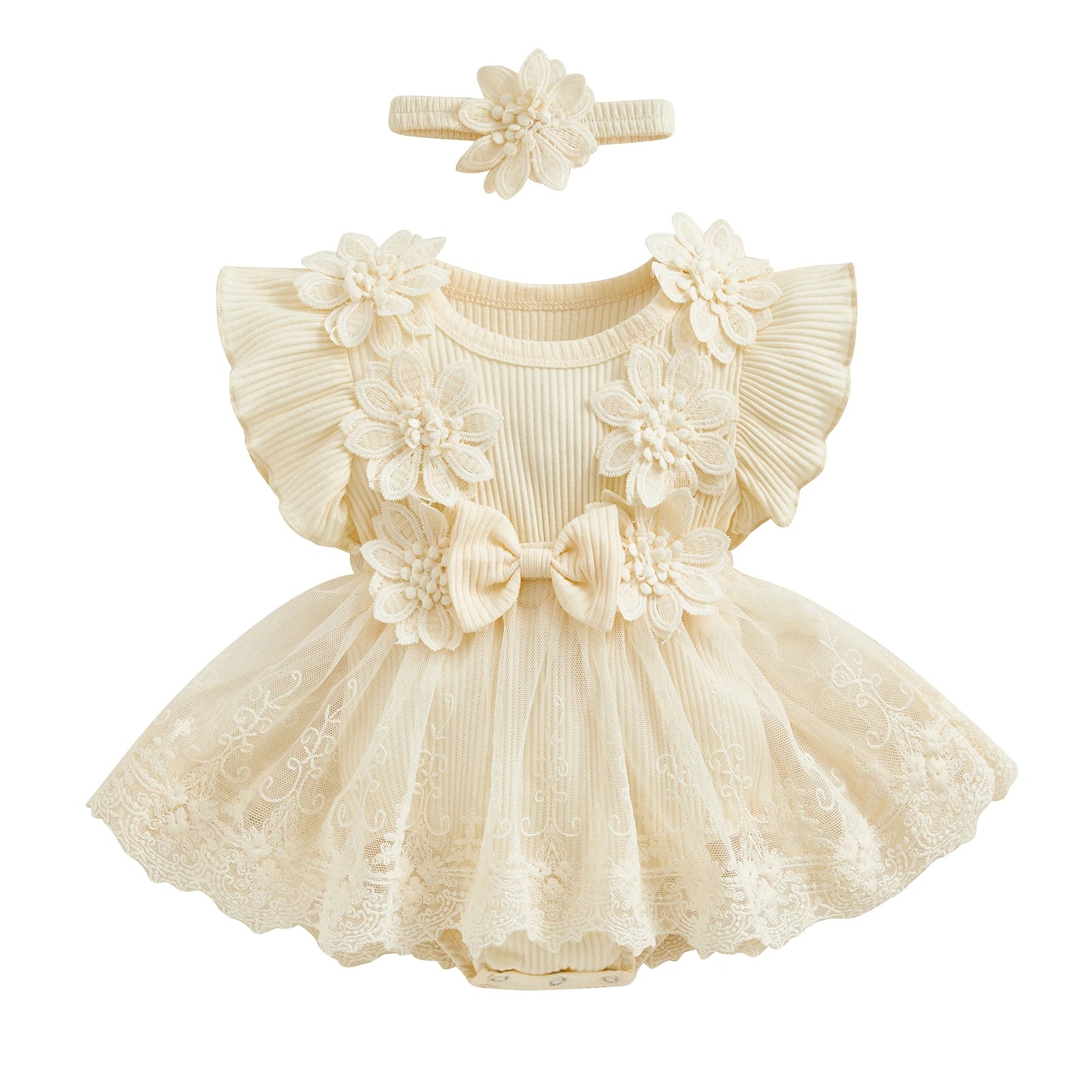 3D Flower Summer Baby Girls Romper Princess Mesh Newborn Clothes Lace Patchwork Ruffle Bodysuit Dress Headband Kids Clothing