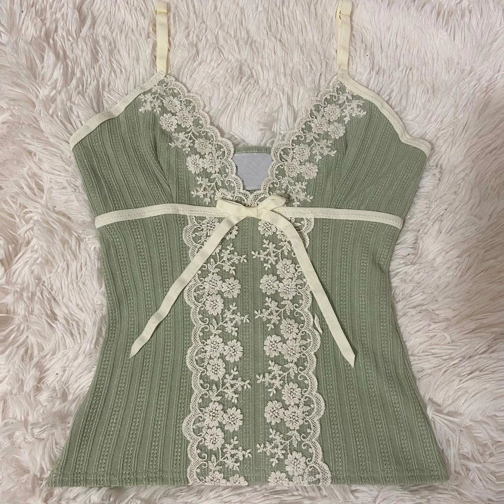 Fashion Y2k Vintage Summertime Fairy Loose V-neck vest Lace Kawaii style print Emo girl street wear tank tops trash crop tops
