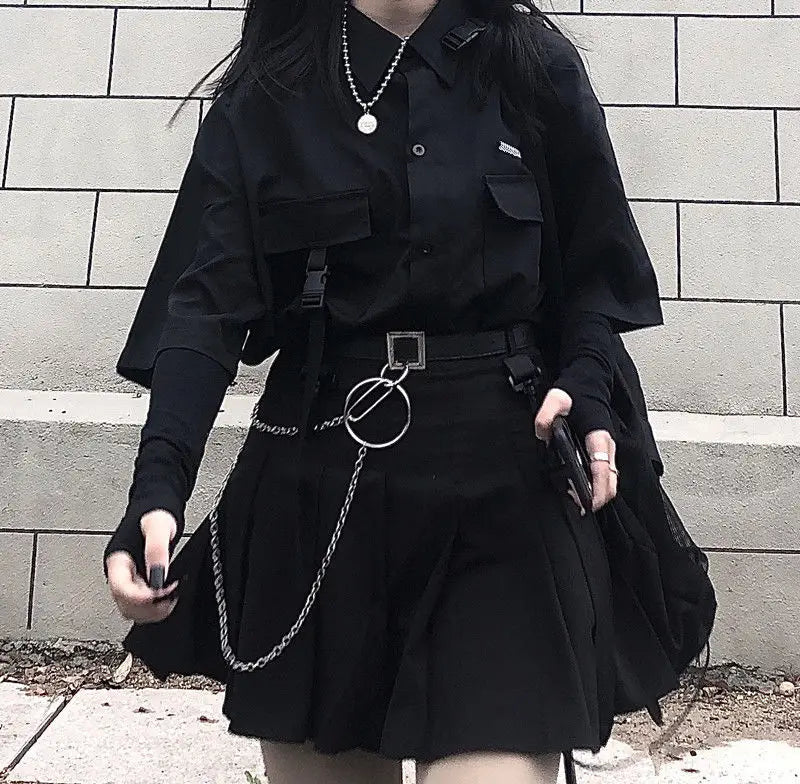 Gothic Skirt Set Loose Shirt Pleated Mini Skirts 2 Piece Sets Korean Retro Casual Outfits Women Spring Summer Aesthetic Y2k Suit