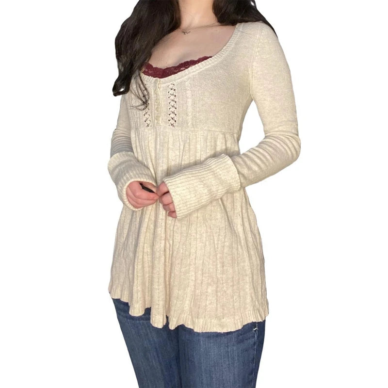 Aesthetic Coquette Knit Sweaters Outfit Vintage Babydoll Tops Pullovers Lady Autumn Square Neck Long Sleeve Knitwear Jumpers Y2k