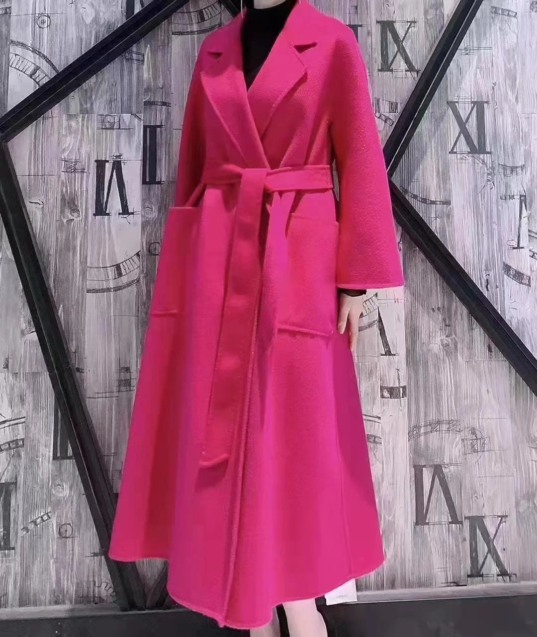 Korean Women Handmade Hepburn Corrugated Water Ripples Coat Double-sided Cashmere Wool Long Woolen Jacket Cashmere Coat Max