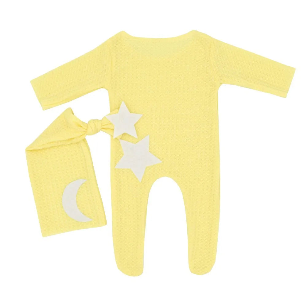 Ylsteed Newborn Footed Romper for Photoshoot Moon Star Patch Photography Outfit Baby Boy Picture Props Long Sleeve Jumpsuit