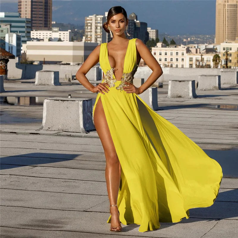 Sexy Deep V-neck Embroidery High Slit Maxi Dress Women Elegant Evening Wedding Sleeveless Backless Party Long Dresses Robe Femme