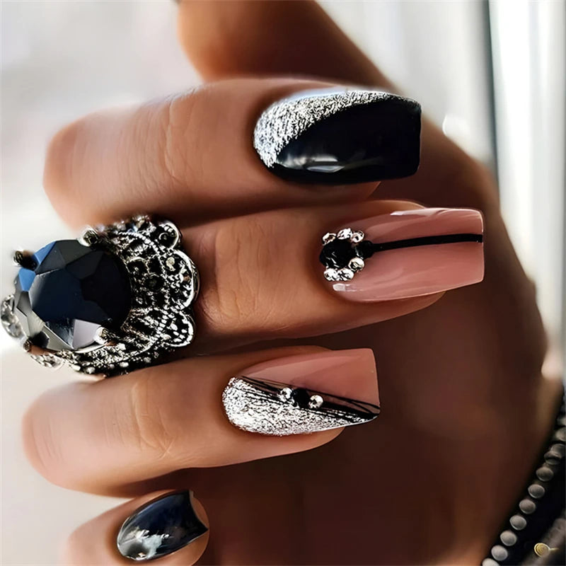 24pcs Simple Nails Fake Press On Art Reusable Adhesive False Supplies Charms Products Stylist Decorated False Nails Design