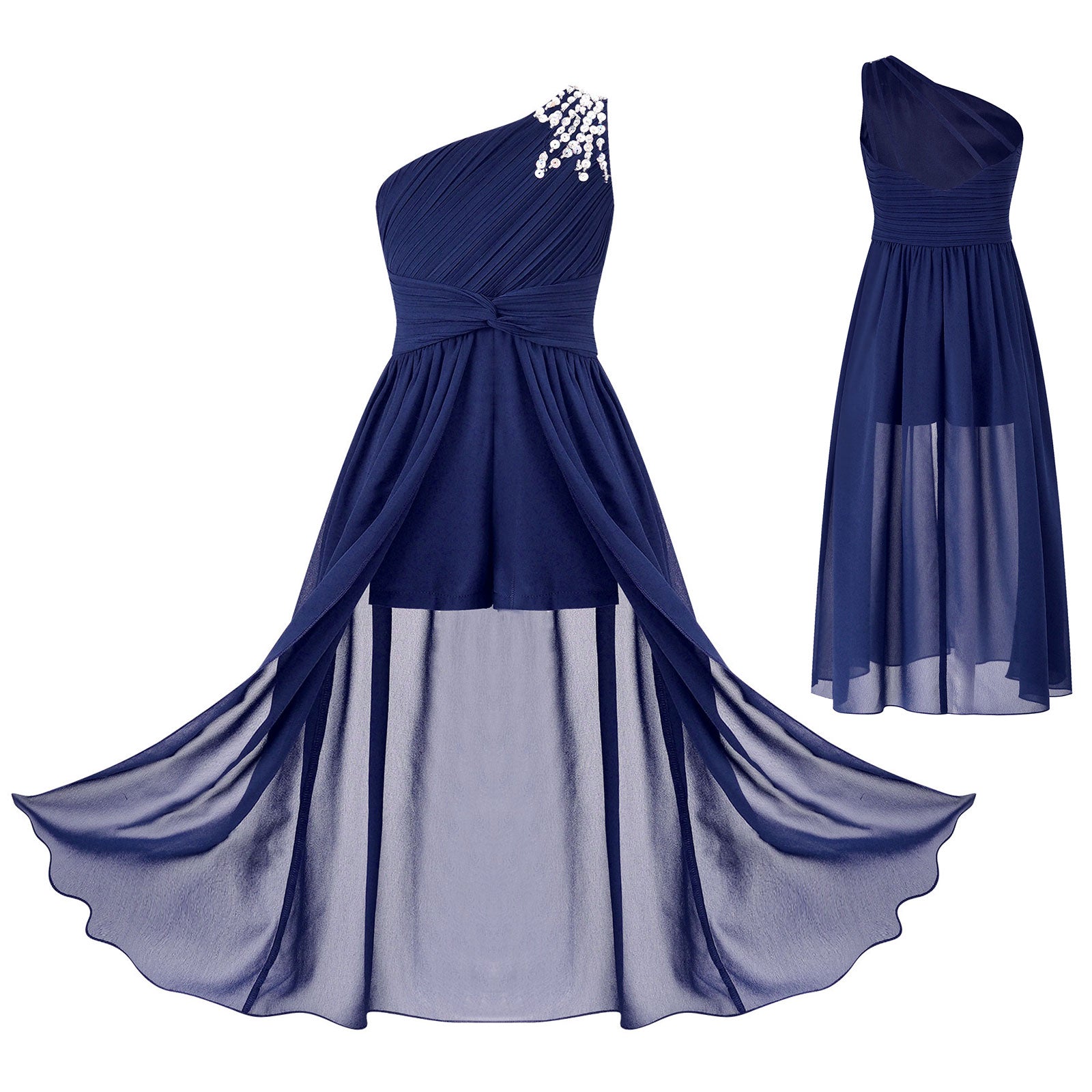 6-16Y Kids Girls Elegant Shiny Beaded Party Dress One Shoulder Ruched Jumpsuit Skirt Princess Wedding Birthday Evening Prom Gown