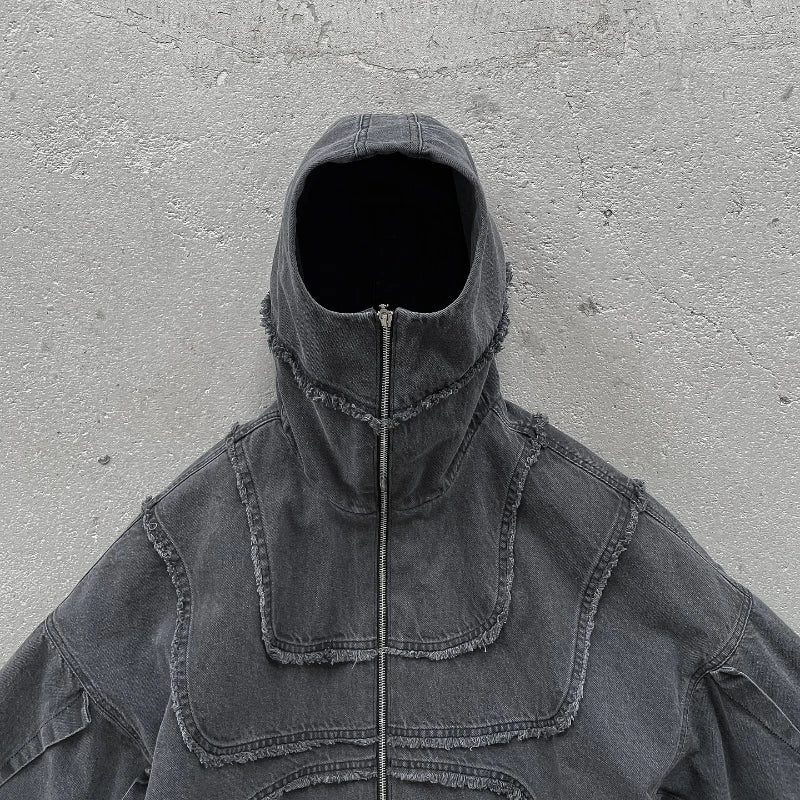 Washed Denim Jacket Y2K American Double Zipper Stitching Flanging Design Streetwear Gothic High Street Oversized Unisex Pullover