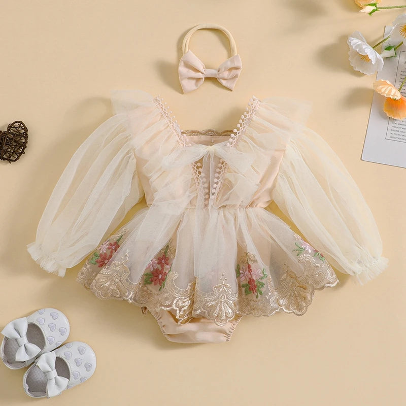 ma&baby 0-24M Baby Girl Romper Newborn Infant Tulle Jumpsuit Princess Long Sleeve Floral Embroidery Clotehs Headband Outfits