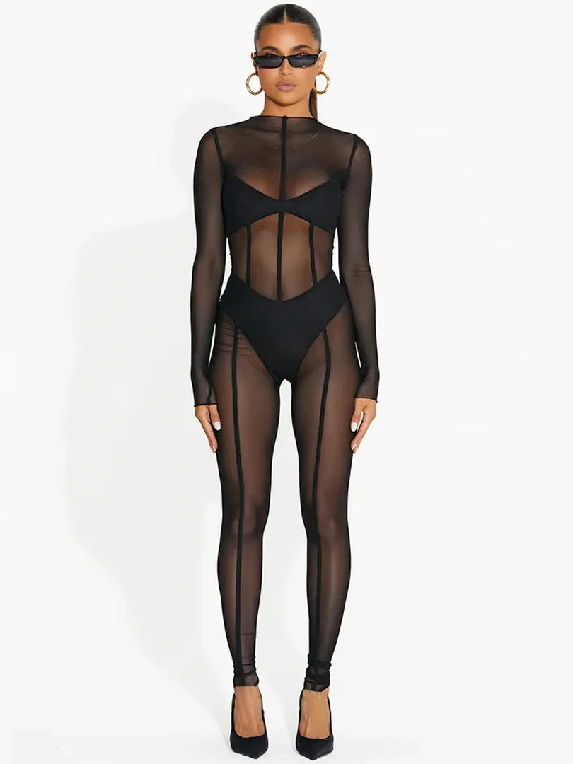 Dulzura Solid Mesh Long Sleeve O-Neck Jumpsuit See Through 2023 Summer For Women Sexy Y2K Birthday Evening Clubwear Sheath
