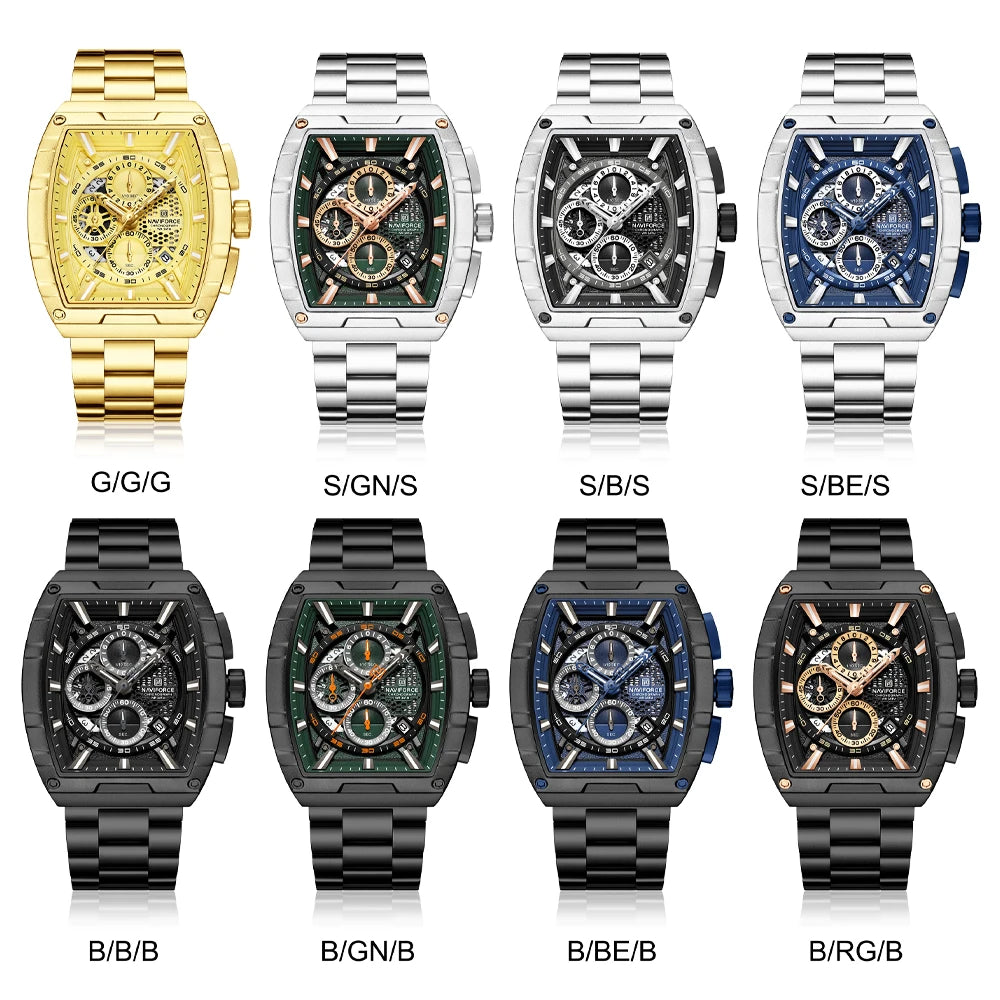 NAVIFORCE Luxury Chronograph Quartz Watch for Men Fashion Tonneau Stainless Steel Man Watches Waterproof Luminous WristWatch
