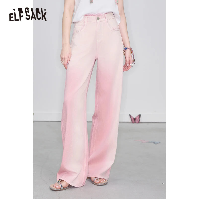 ELFSACK 2025 Spring New Arrivals Y2K Raw Edge High Waist Pink Gradient Jeans Women Sweet Wide Leg Pants