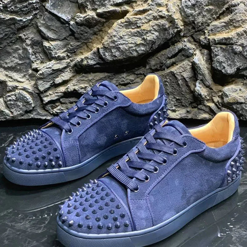 men casual blue rivets shoes lace-up cow suede leather flats shoe hip hop stage spikes studded sneakers platform footwear trendy