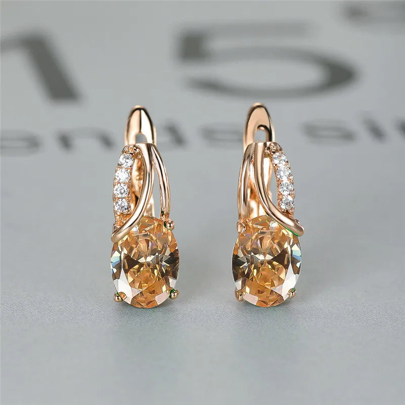 Crystal Purple Oval Stone Jewelry Rose Gold Color Wedding Hoop Earrings For Women