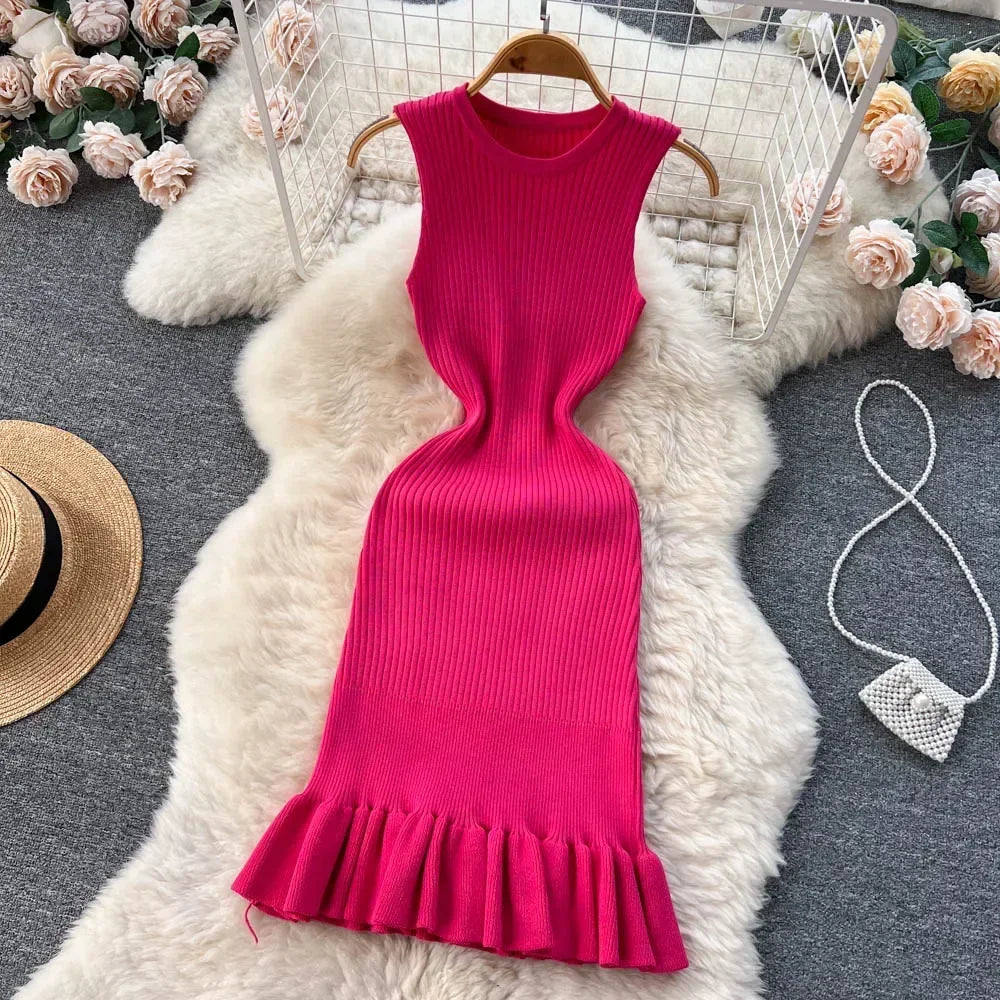 Abrini Summer Women Knitted Sexy Bodycon Dress O-Neck Sleeveless Ruffled Party Sundress High Street Elastic Slim Solid Dress