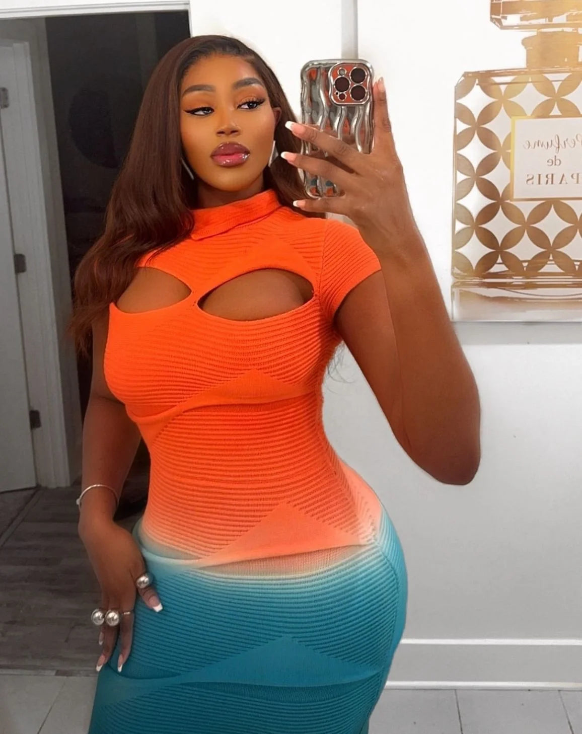 Sexy Knitted Gradient Orange Blue Hollow Out Maxi Dress Women Fashion Short Sleeve Skinny Stretch Tassel Y2K Birthday Long Dress