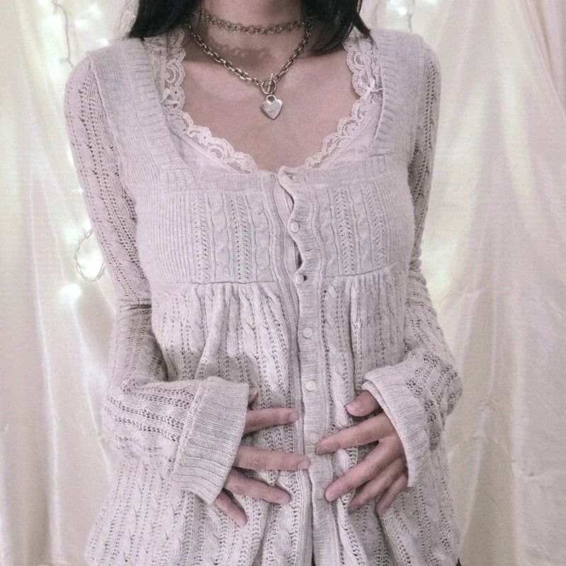 Aesthetic Coquette Knit Sweaters Outfit Vintage Babydoll Tops Pullovers Lady Autumn Square Neck Long Sleeve Knitwear Jumpers Y2k
