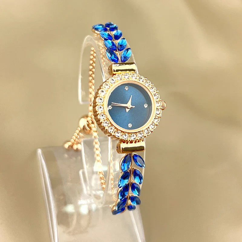 2025 New fashion diamond-encrusted leaf round women's watch simple dial freely adjust cross-border gift watches