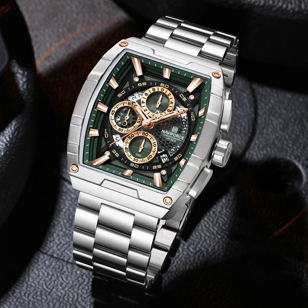 NAVIFORCE Luxury Chronograph Quartz Watch for Men Fashion Tonneau Stainless Steel Man Watches Waterproof Luminous WristWatch