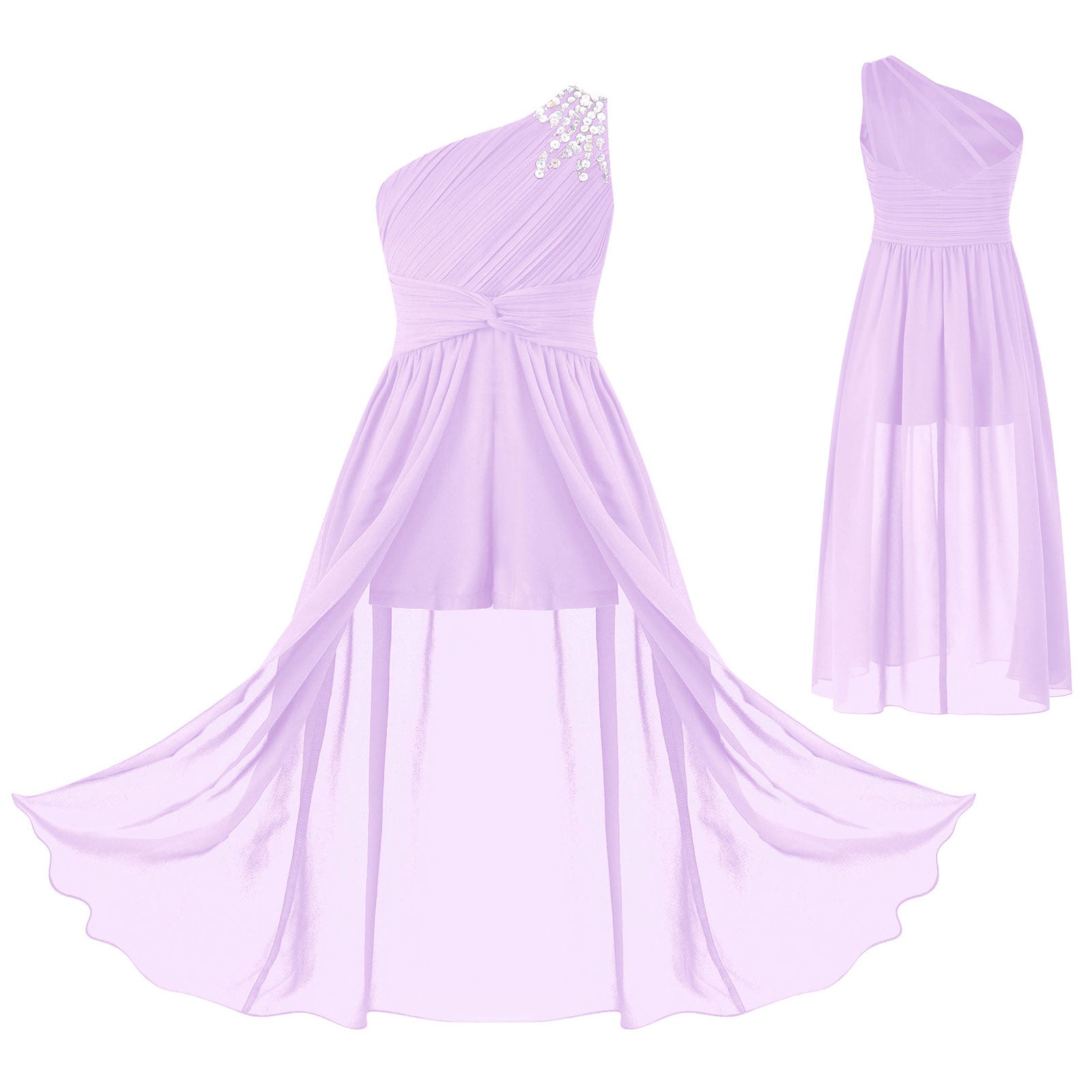 6-16Y Kids Girls Elegant Shiny Beaded Party Dress One Shoulder Ruched Jumpsuit Skirt Princess Wedding Birthday Evening Prom Gown