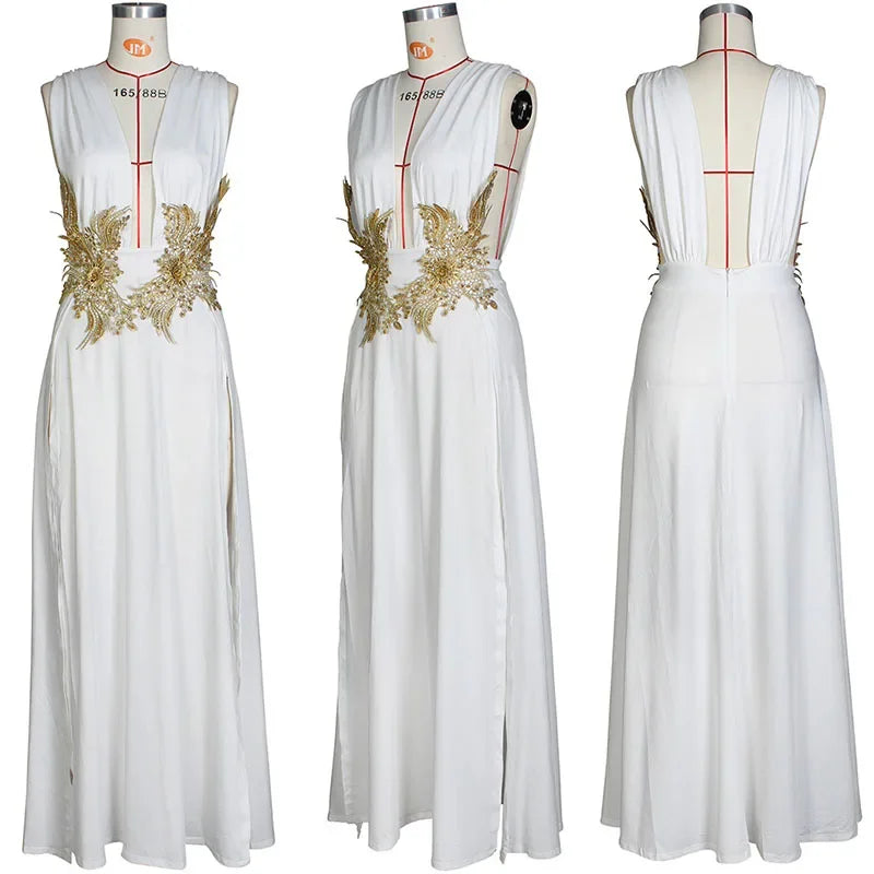 Sexy Deep V-neck Embroidery High Slit Maxi Dress Women Elegant Evening Wedding Sleeveless Backless Party Long Dresses Robe Femme