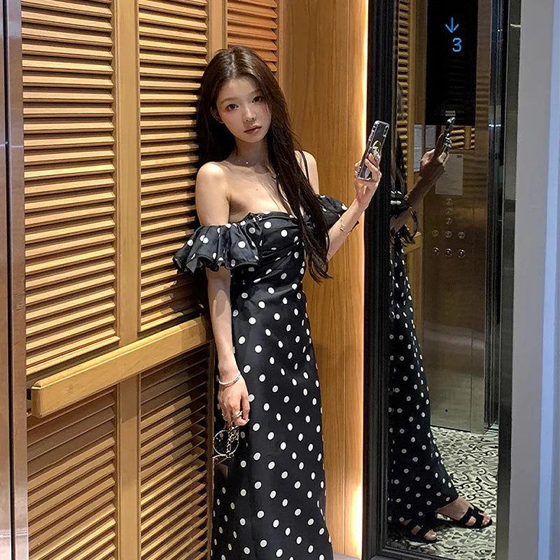 French Retro Off-Shoulder Polka Dot Printed Dresses Women Summer Sheath Holiday Elegant Female Long Dress