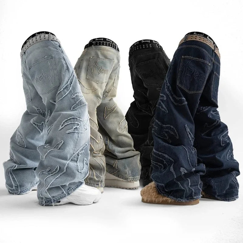 2025 New American Retro Flame Embroidery Baggy Women's Jeans Y2K Harajuku Hip Hop Gothic High Waist Wide Trousers Street Wear