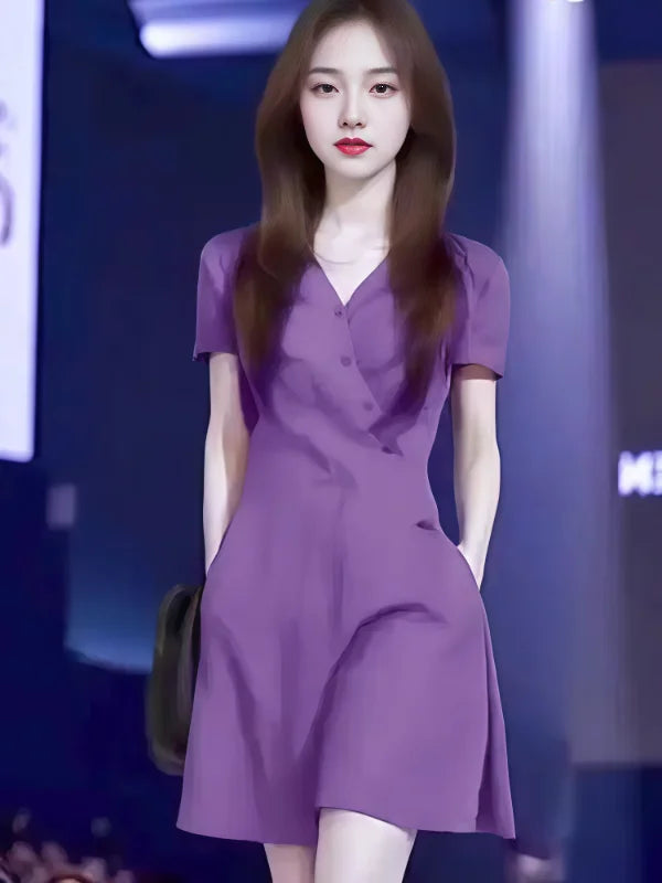 Short Sleeve Dress for Women, 2025 Summer New Korean Version Sweet Slim Waist Midi Dress