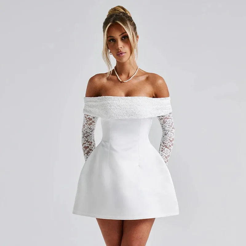 Mozision Off-shoulder Long Sleeve Sexy Mini Dress For Women Robe Strapless Backless High Waist A-line Elegant Club Party Dress