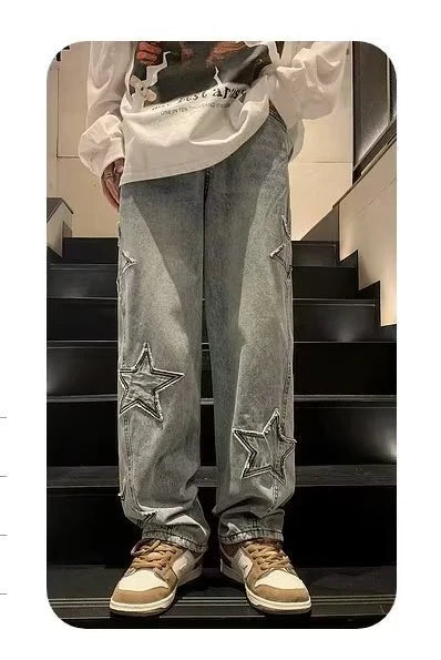Star Embroidery Straight Casual Men Jeans Gothic Neutral New Wide Leg Loose Hip-hop Streetwear Denim Trousers Y2K pants man