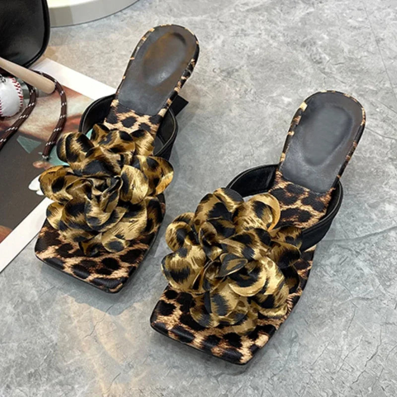 Flower Women Slippers Leopard Clip Toe Heeled Shoes Fashion Woman Sandals Summer 2025 Beach Flip Flops Dress Zapatillas De Mujer