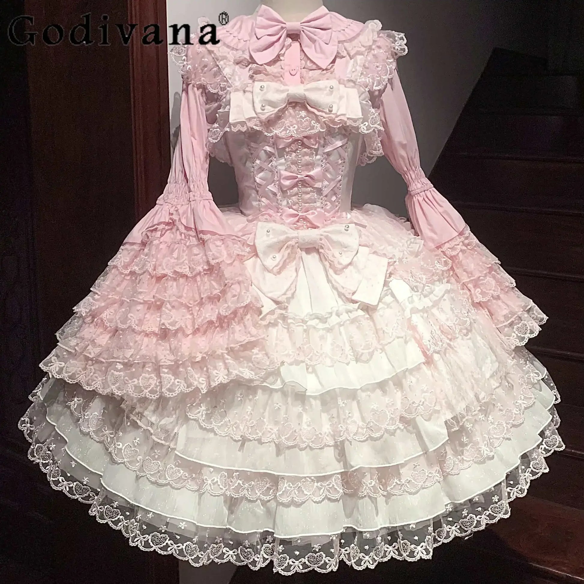 Women's Lolita Pink Dress Jsk Bow Lace Stitching Cute Sweet Girls Suspender Dress Lady Long Sleeve Inner Shirt Y2k Hairpin Cloak
